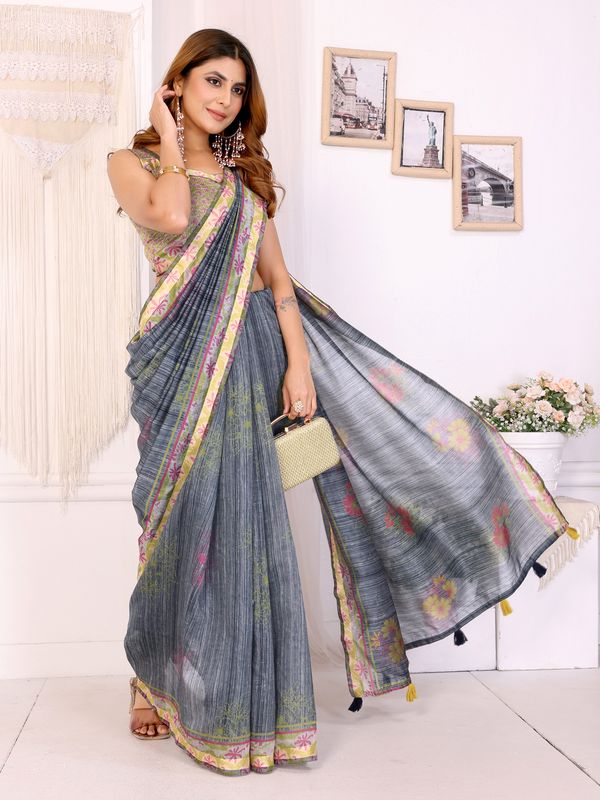 Slate Grey Chanderi Cotton Saree with Floral Printed Border