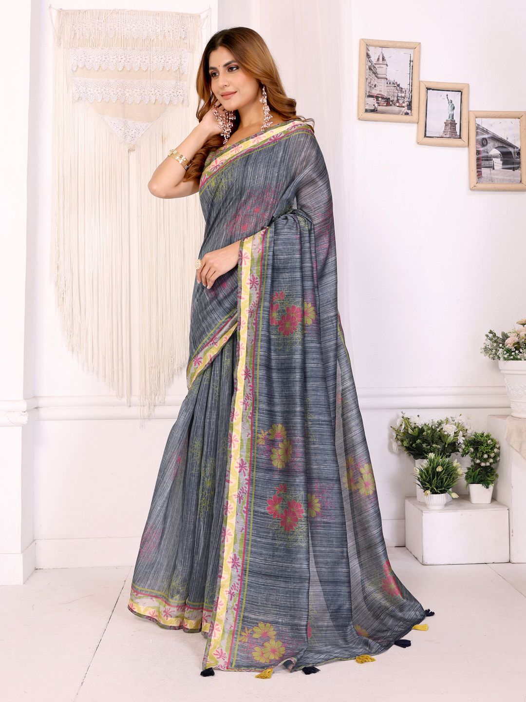 Slate Grey Chanderi Cotton Saree with Floral Printed Border
