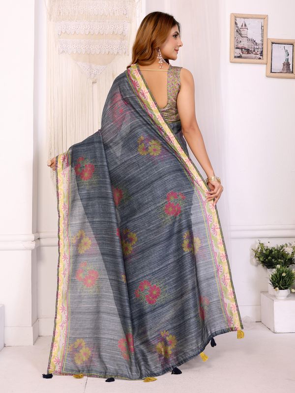Slate Grey Chanderi Cotton Saree with Floral Printed Border