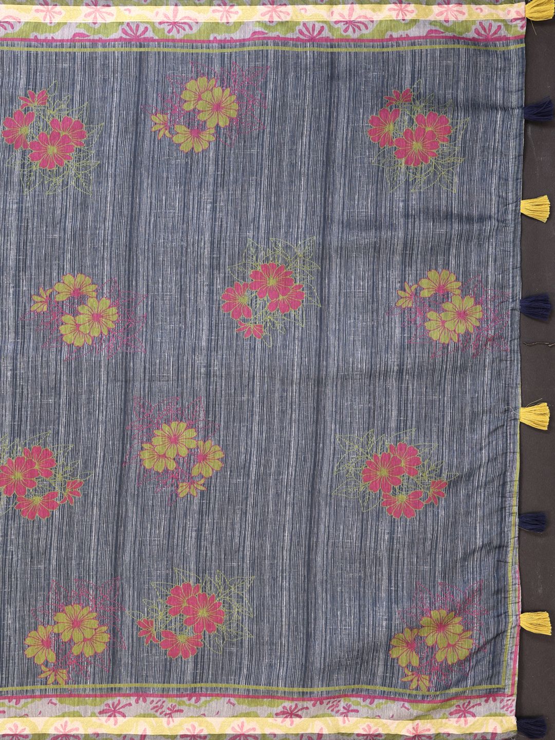 Slate Grey Chanderi Cotton Saree with Floral Printed Border