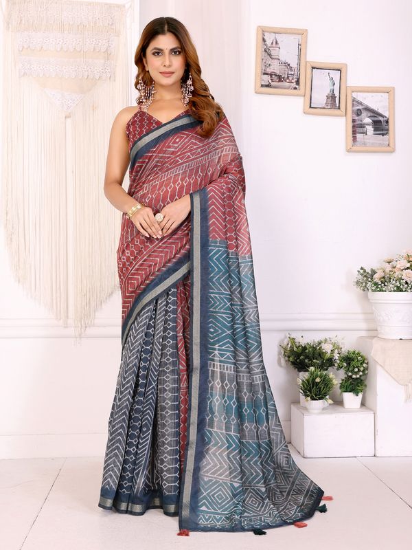 Black Chanderi Cotton Saree with Multicolor Geometric Print