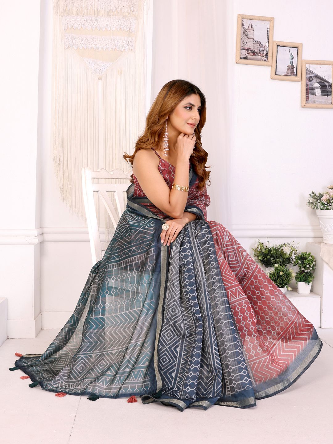 Black Chanderi Cotton Saree with Multicolor Geometric Print