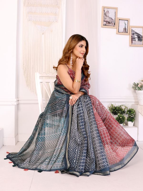 Black Chanderi Cotton Saree with Multicolor Geometric Print