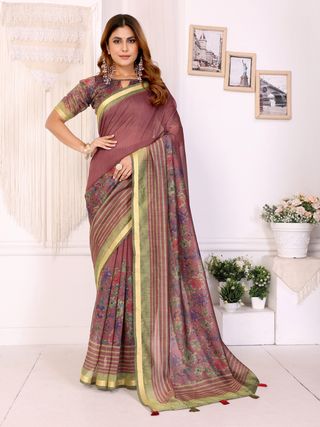 Wine Chanderi Cotton Floral Print Saree with Striped Border