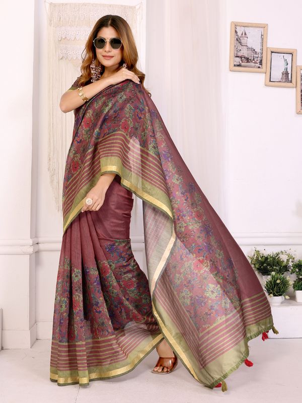 Wine Chanderi Cotton Floral Print Saree with Striped Border
