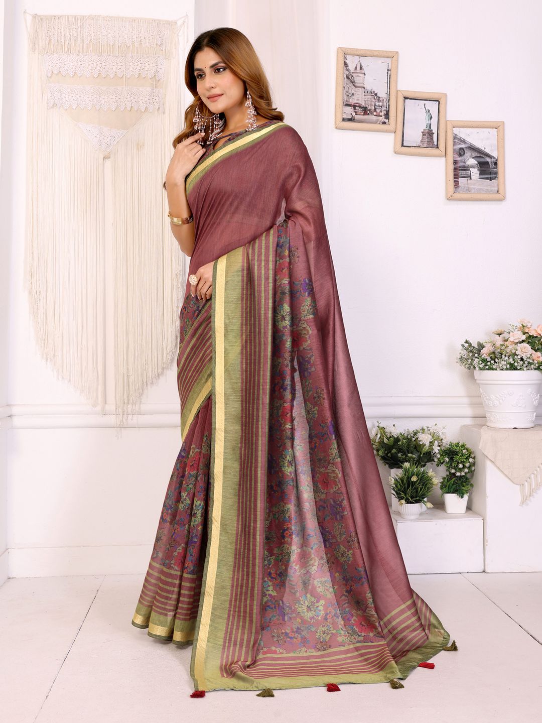 Wine Chanderi Cotton Floral Print Saree with Striped Border