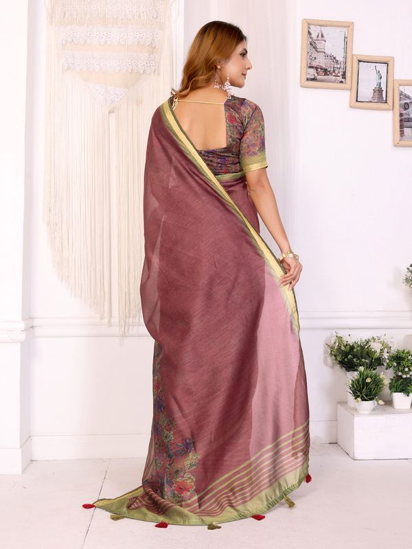 Wine Chanderi Cotton Floral Print Saree with Striped Border