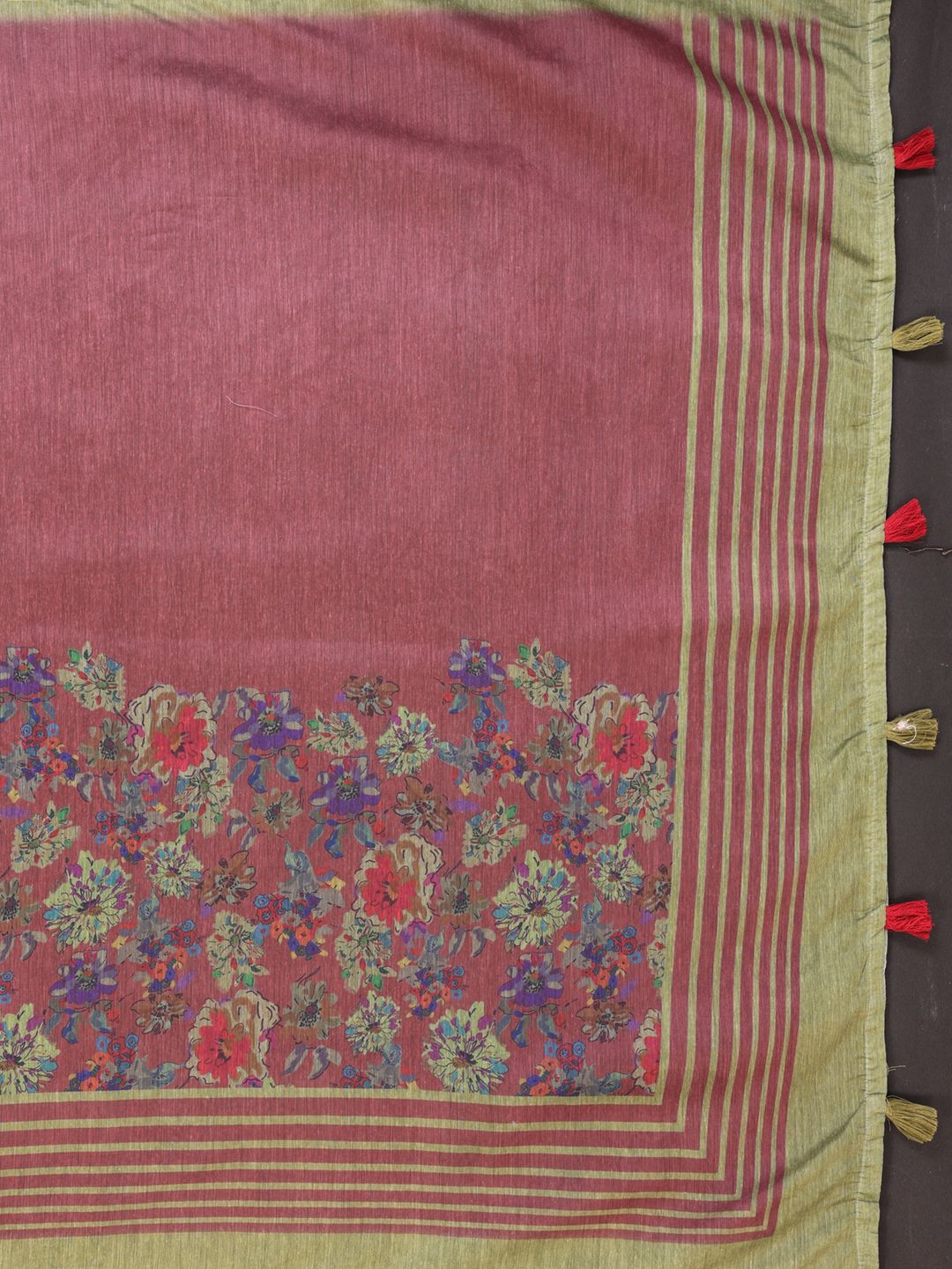 Wine Chanderi Cotton Floral Print Saree with Striped Border
