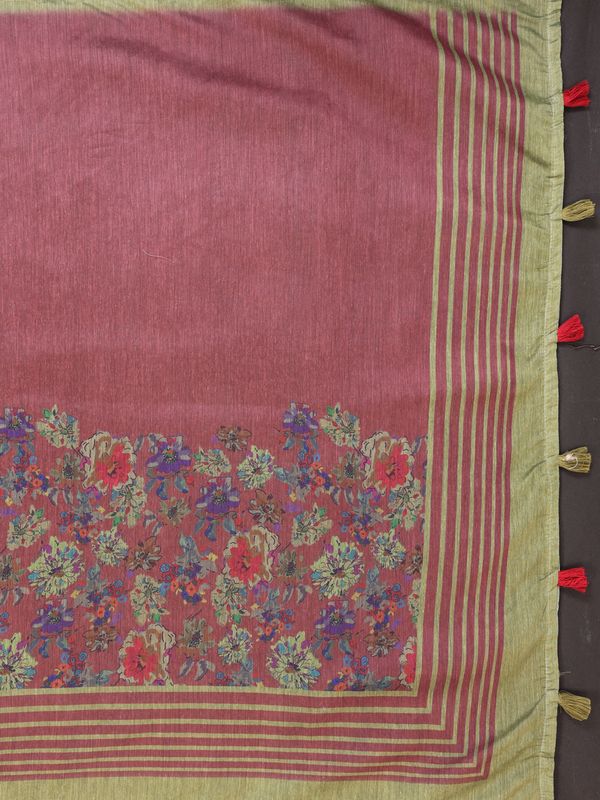 Wine Chanderi Cotton Floral Print Saree with Striped Border