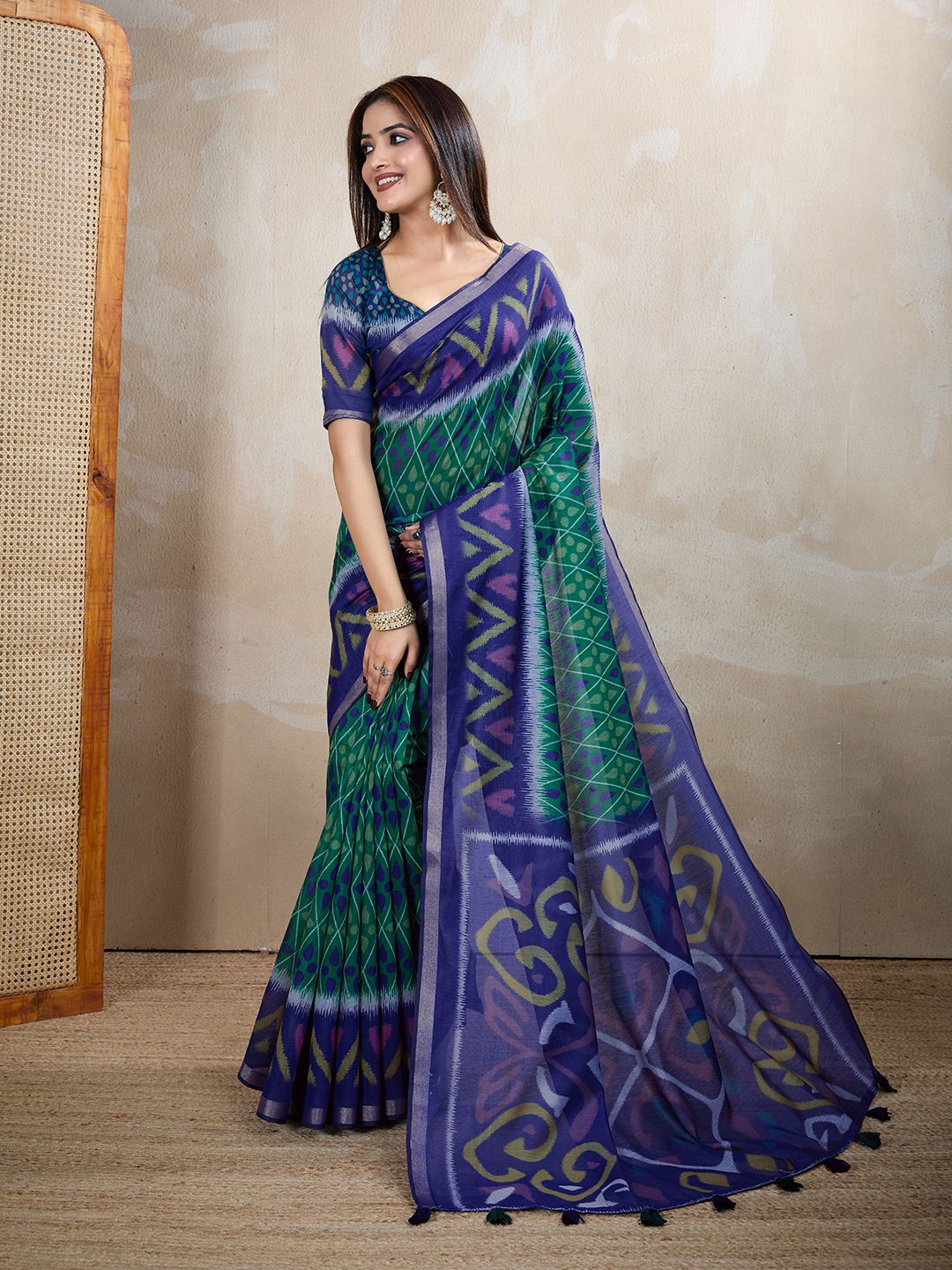 Royal Blue Green Chanderi Cotton Ikat Print Saree for Women