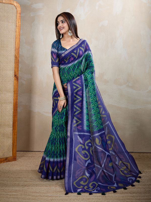 Royal Blue Green Chanderi Cotton Ikat Print Saree for Women