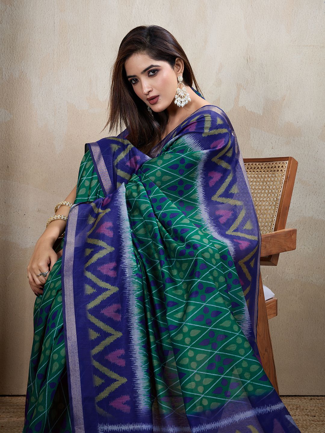 Royal Blue Green Chanderi Cotton Ikat Print Saree for Women