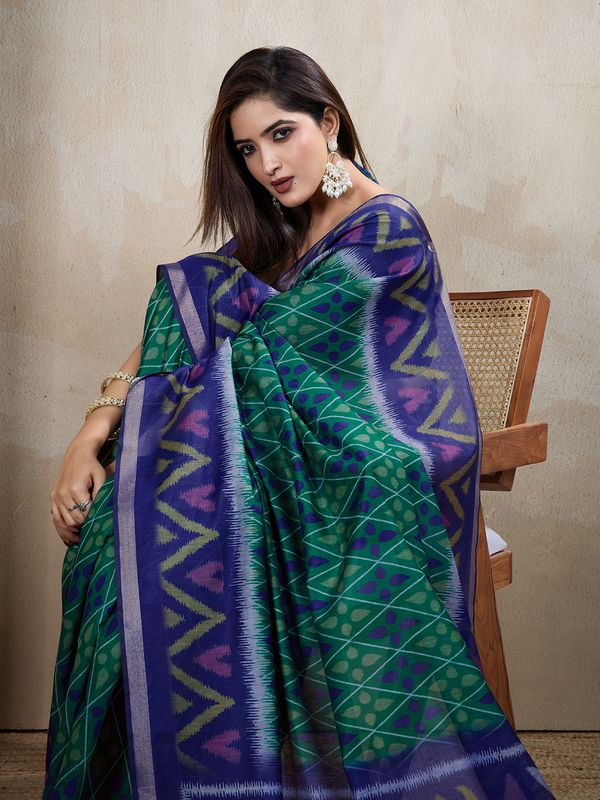 Royal Blue Green Chanderi Cotton Ikat Print Saree for Women