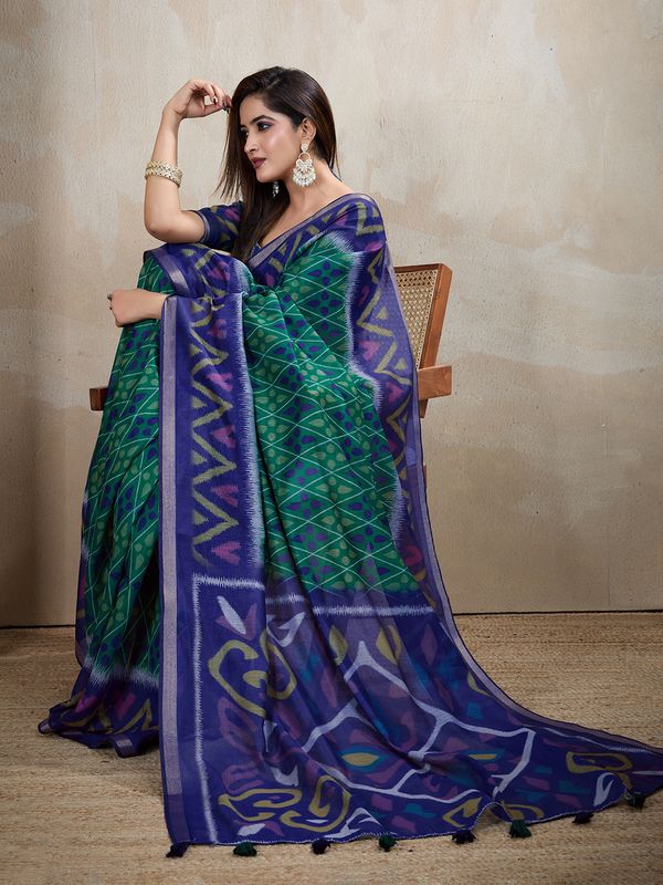 Royal Blue Green Chanderi Cotton Ikat Print Saree for Women