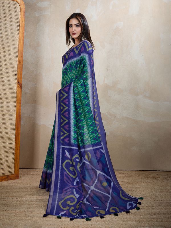 Royal Blue Green Chanderi Cotton Ikat Print Saree for Women