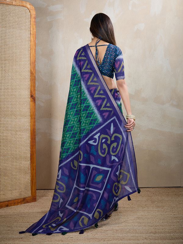 Royal Blue Green Chanderi Cotton Ikat Print Saree for Women
