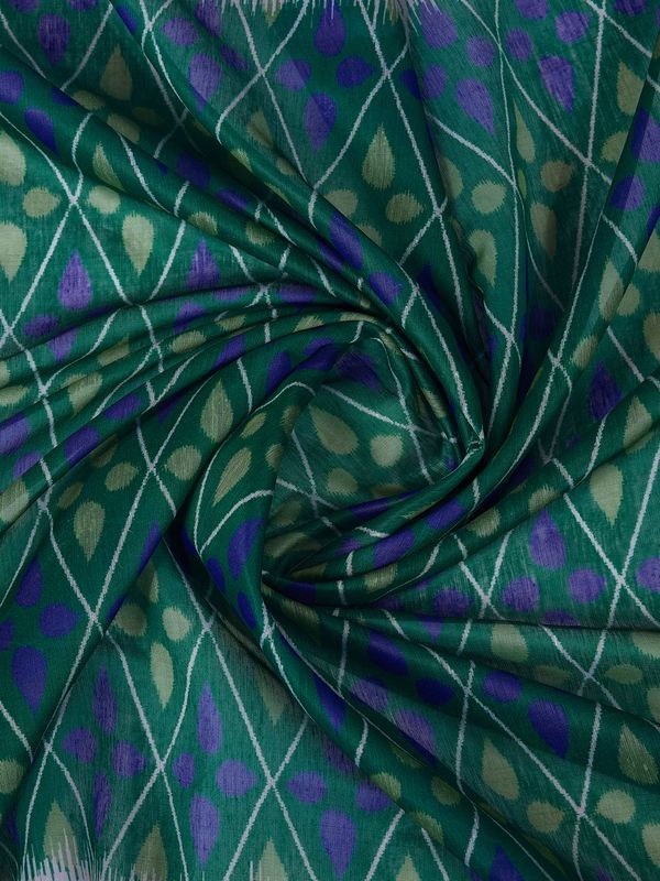 Royal Blue Green Chanderi Cotton Ikat Print Saree for Women