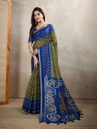 Olive Green Chanderi Cotton Ikat Print Saree with Blue Border