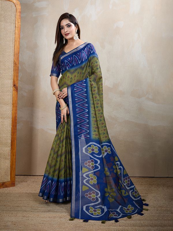 Olive Green Chanderi Cotton Ikat Print Saree with Blue Border