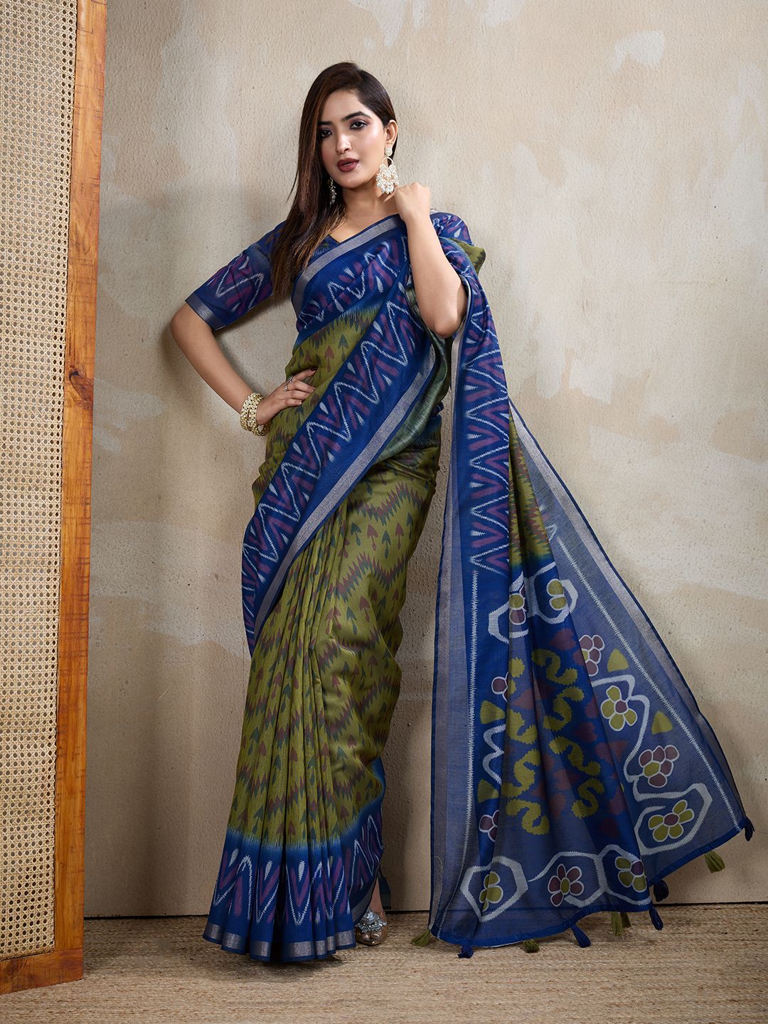 Olive Green Chanderi Cotton Ikat Print Saree with Blue Border