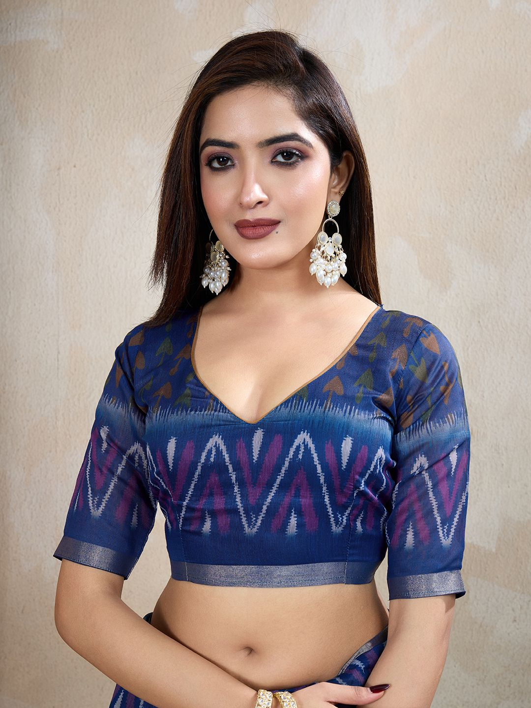 Olive Green Chanderi Cotton Ikat Print Saree with Blue Border
