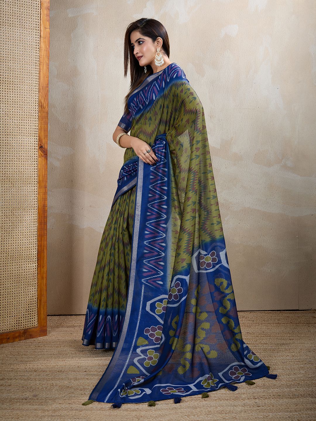 Olive Green Chanderi Cotton Ikat Print Saree with Blue Border