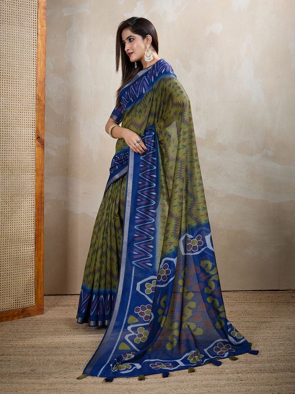 Olive Green Chanderi Cotton Ikat Print Saree with Blue Border