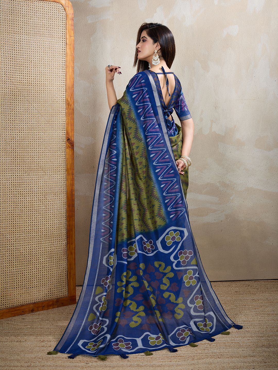 Olive Green Chanderi Cotton Ikat Print Saree with Blue Border