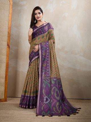 Buy Olive Green Chanderi Cotton Ikat Print Saree Online Now