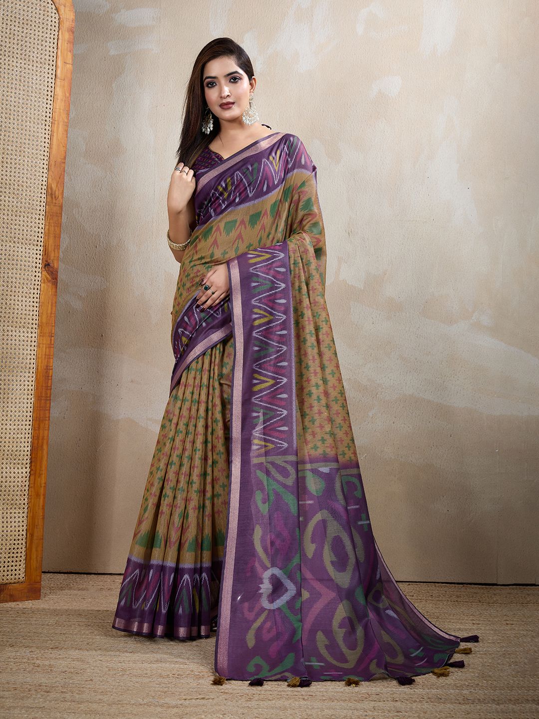 Buy Olive Green Chanderi Cotton Ikat Print Saree Online Now
