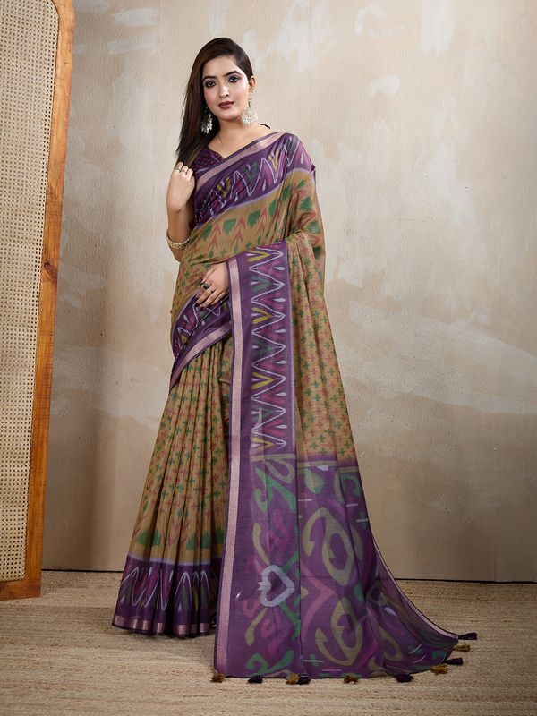 Buy Olive Green Chanderi Cotton Ikat Print Saree Online Now