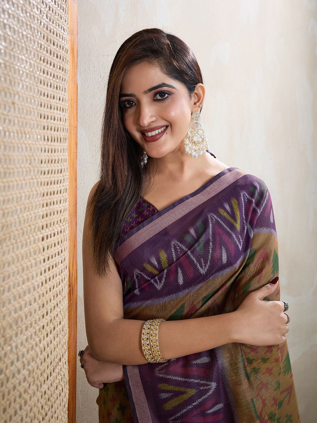 Buy Olive Green Chanderi Cotton Ikat Print Saree Online Now