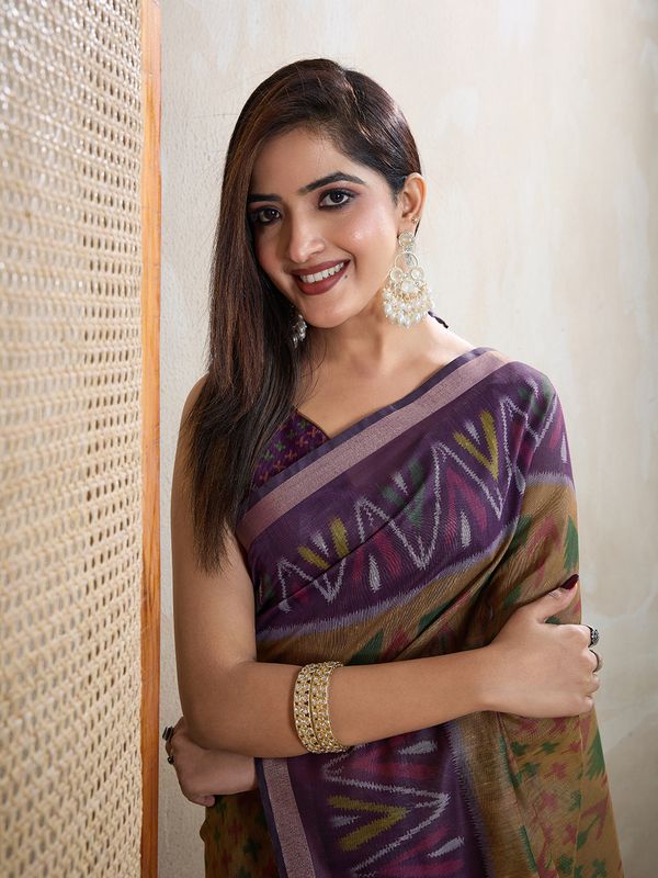 Buy Olive Green Chanderi Cotton Ikat Print Saree Online Now