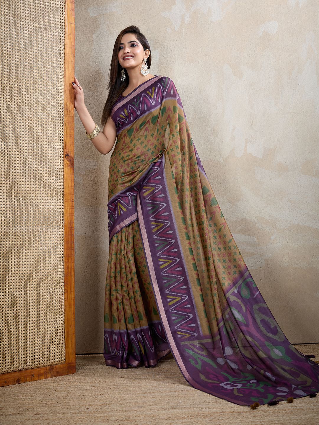 Buy Olive Green Chanderi Cotton Ikat Print Saree Online Now