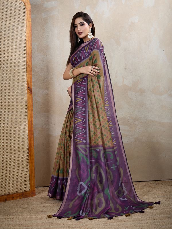 Buy Olive Green Chanderi Cotton Ikat Print Saree Online Now