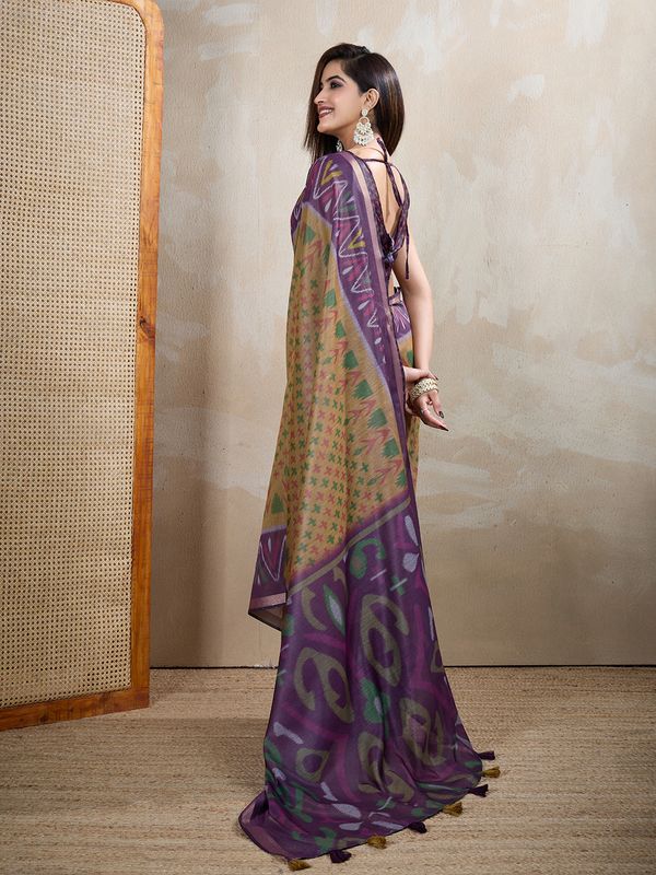 Buy Olive Green Chanderi Cotton Ikat Print Saree Online Now