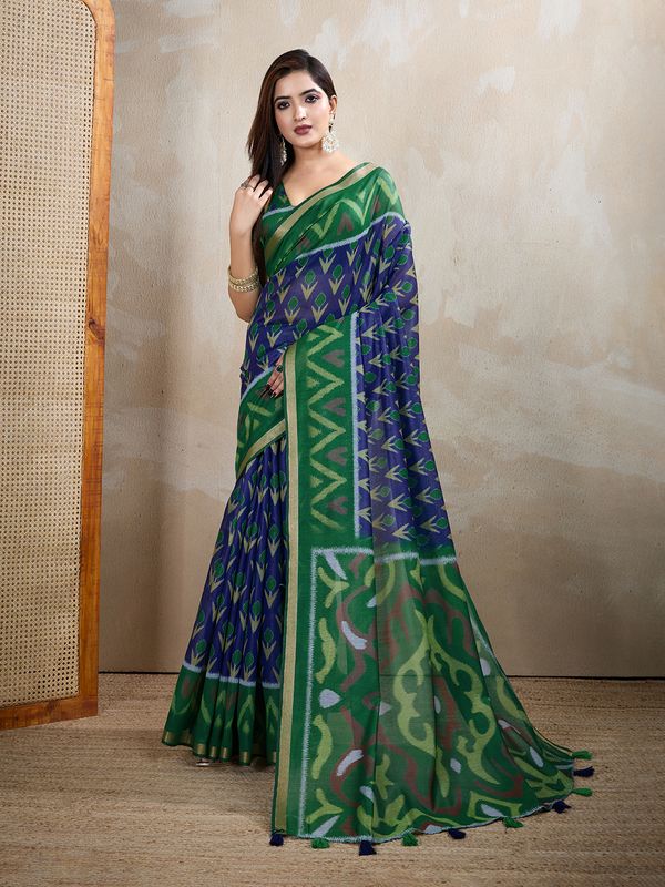 Buy Royal Blue Chanderi Cotton Printed Saree for Women