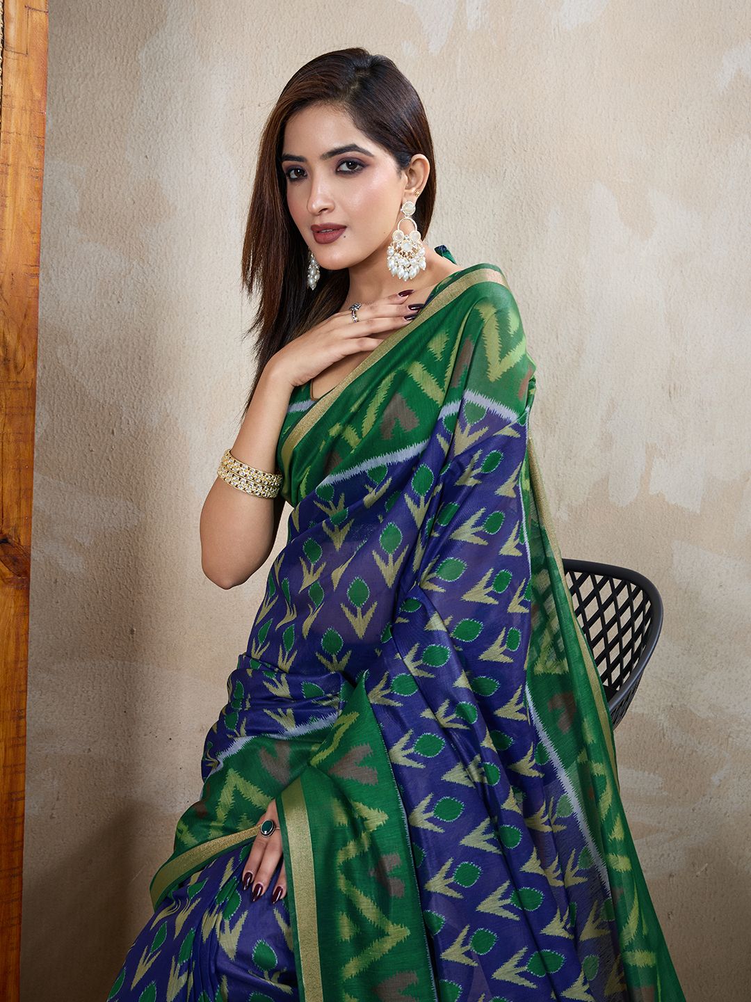 Buy Royal Blue Chanderi Cotton Printed Saree for Women