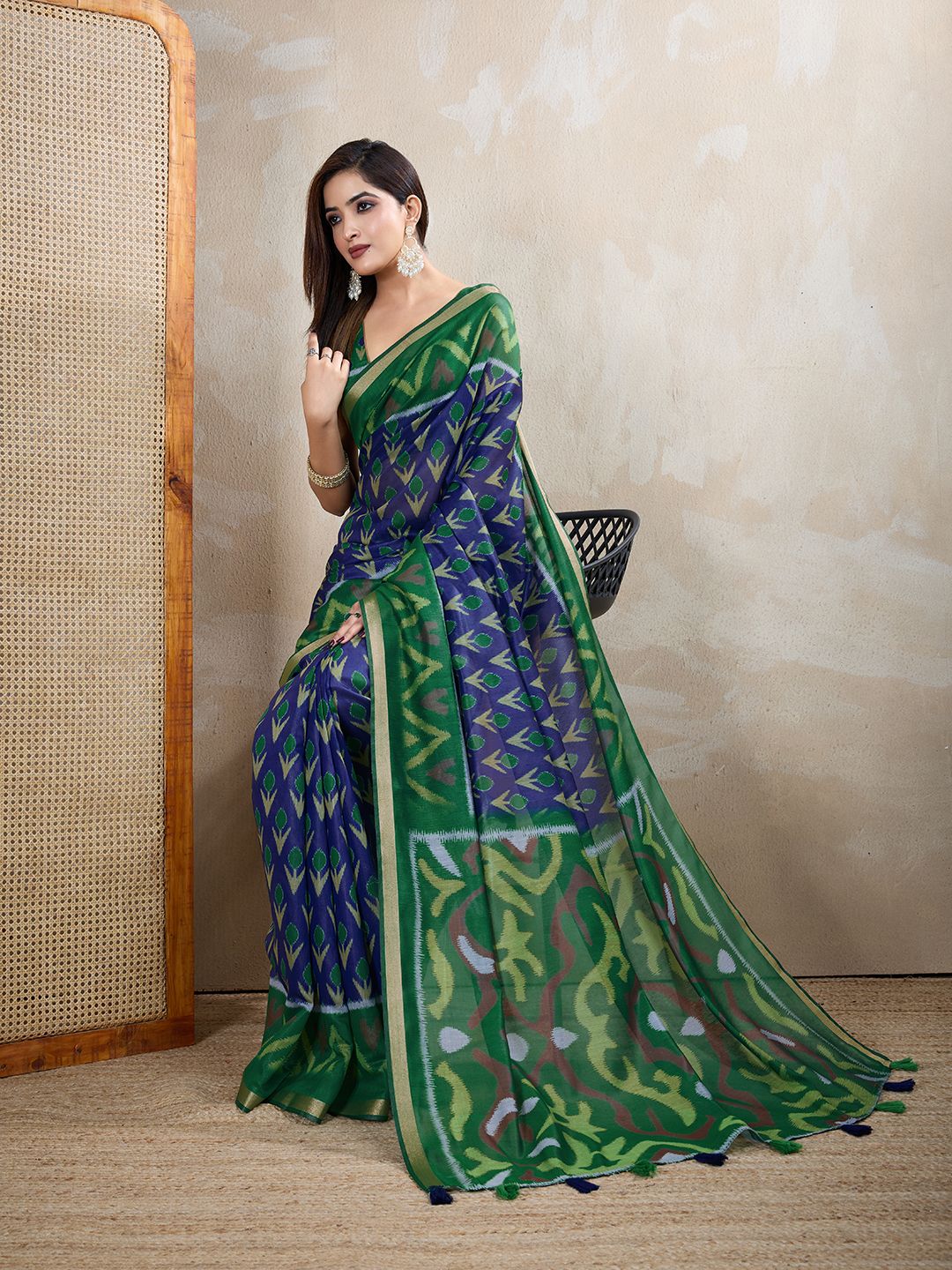 Buy Royal Blue Chanderi Cotton Printed Saree for Women