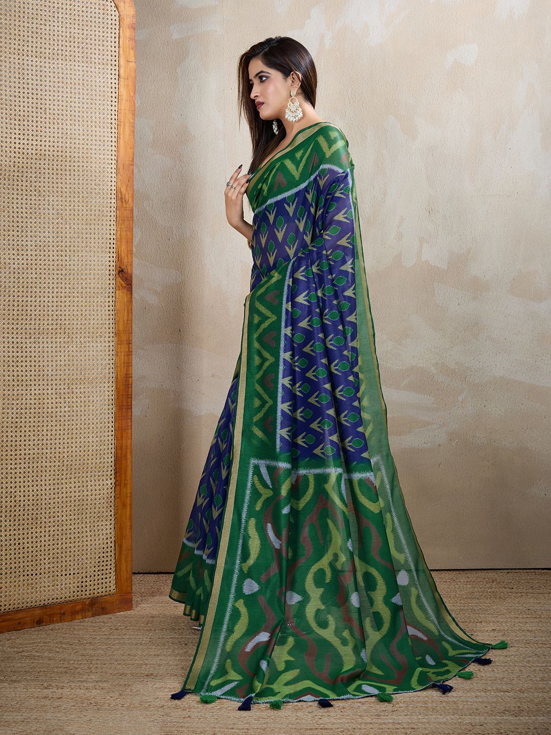 Buy Royal Blue Chanderi Cotton Printed Saree for Women