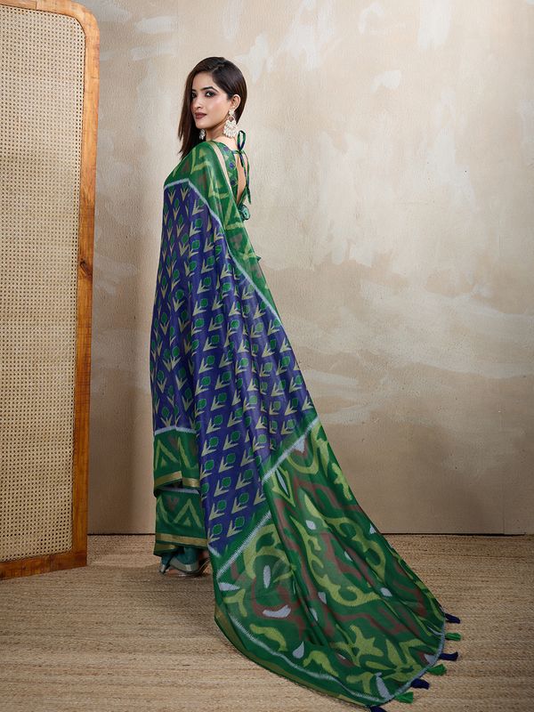 Buy Royal Blue Chanderi Cotton Printed Saree for Women