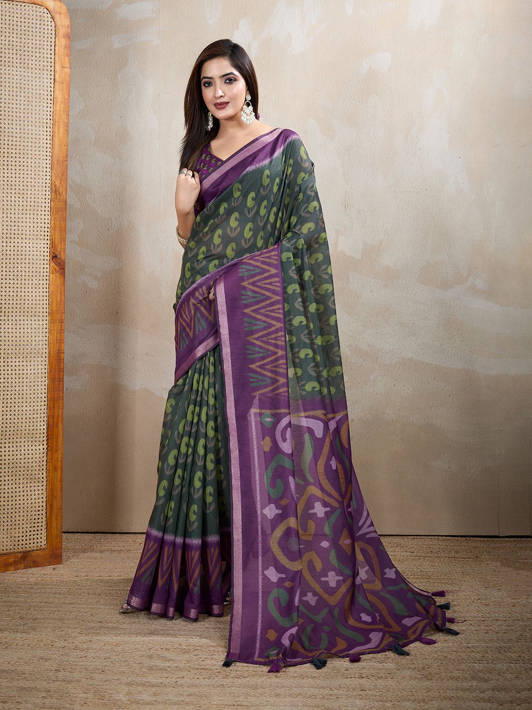 Charcoal Chanderi Cotton Saree with Multicolor Woven Motifs
