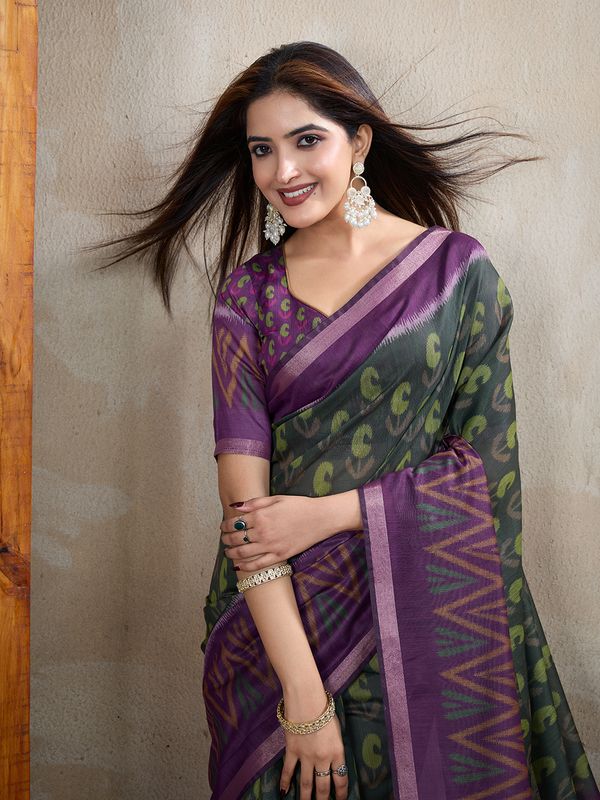 Charcoal Chanderi Cotton Saree with Multicolor Woven Motifs