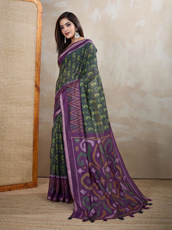 Charcoal Chanderi Cotton Saree with Multicolor Woven Motifs
