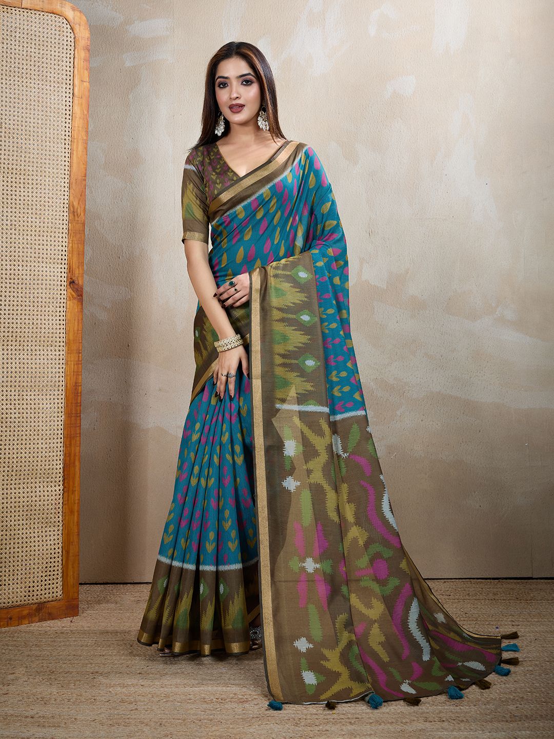 Teal Blue Chanderi Cotton Saree with Artistic Woven Pattern