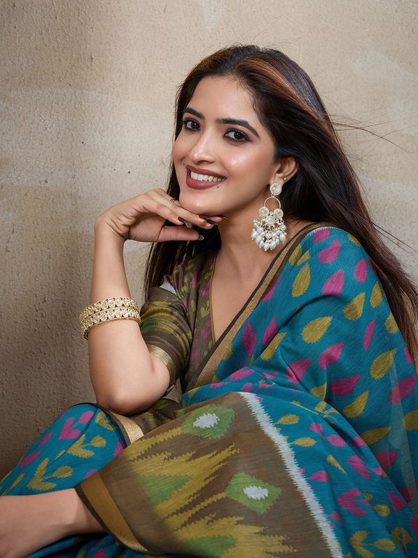 Teal Blue Chanderi Cotton Saree with Artistic Woven Pattern