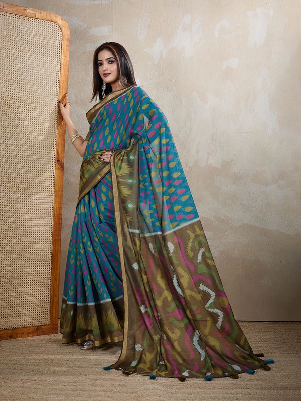 Teal Blue Chanderi Cotton Saree with Artistic Woven Pattern