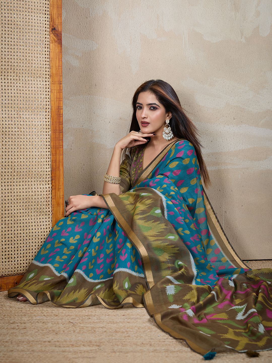 Teal Blue Chanderi Cotton Saree with Artistic Woven Pattern