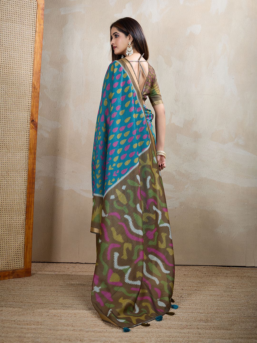 Teal Blue Chanderi Cotton Saree with Artistic Woven Pattern