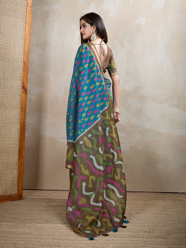 Teal Blue Chanderi Cotton Saree with Artistic Woven Pattern